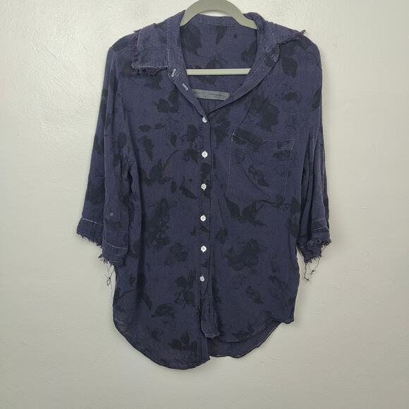 Raquel Allegra Silk Top Womens XS 0 Jacquard‎ Black Blue Lauren Blouse Button Up - Picture 1 of 6